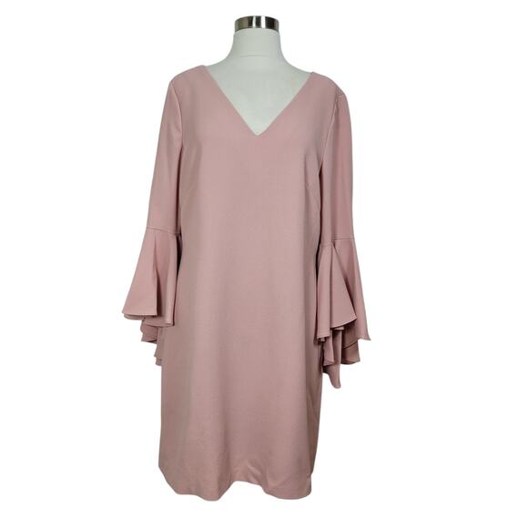 NWT Eliza J Blush Pink V-Neck 3/4 Bell Sleeve Crepe Shift Dress Size 12 - Picture 2 of 11